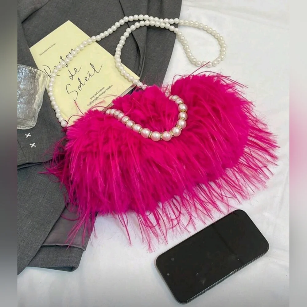 NWT Hot Pink Super Fluffy Faux Fur Double Pearl Chain Cross Body Clutch Handbag